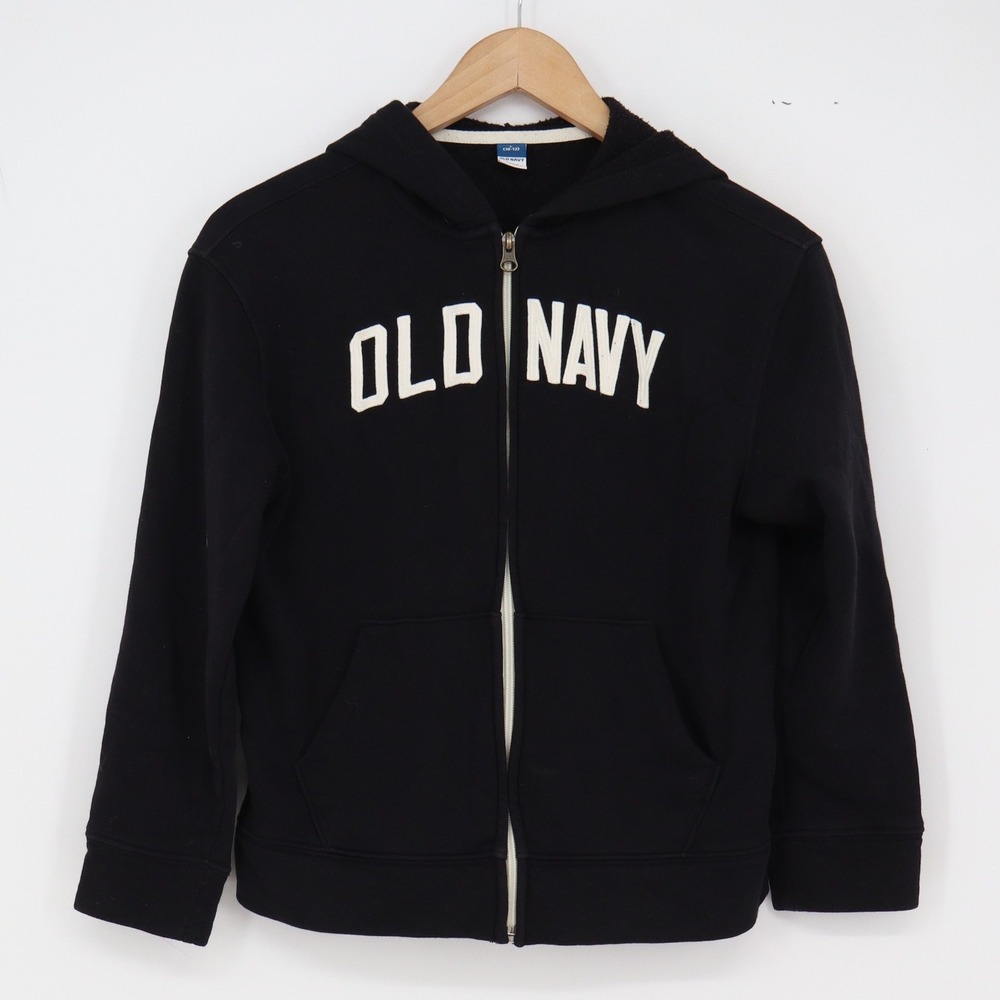 Old Navy Hoodie Kids L 10-12 Logo Zip Up Black Fleece Excellent